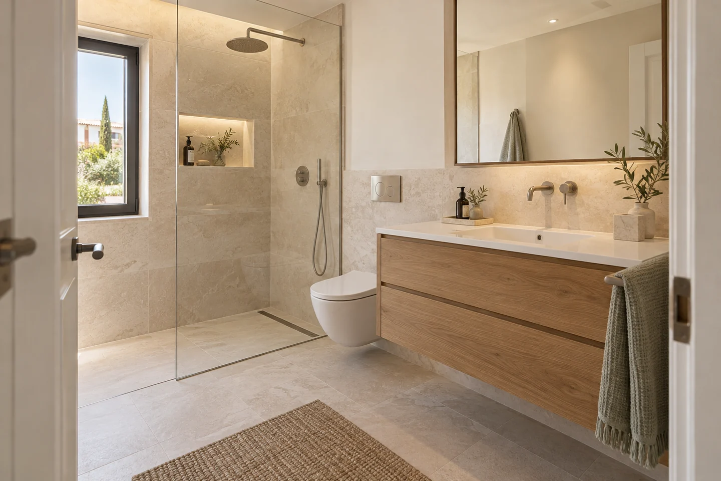 Imagen ilustrativa de un baño renovado con ducha acristalada y mueble de lavabo de madera