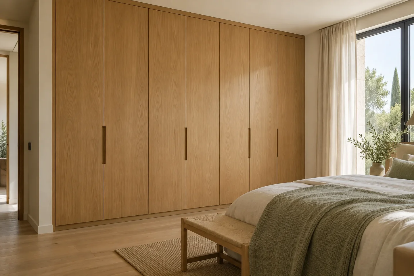 Imagen ilustrativa de armarios de roble integrados en un dormitorio con puertas alineadas