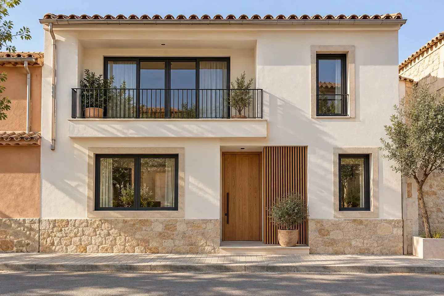 Imagen ilustrativa de una fachada renovada en blanco con detalles de madera natural
