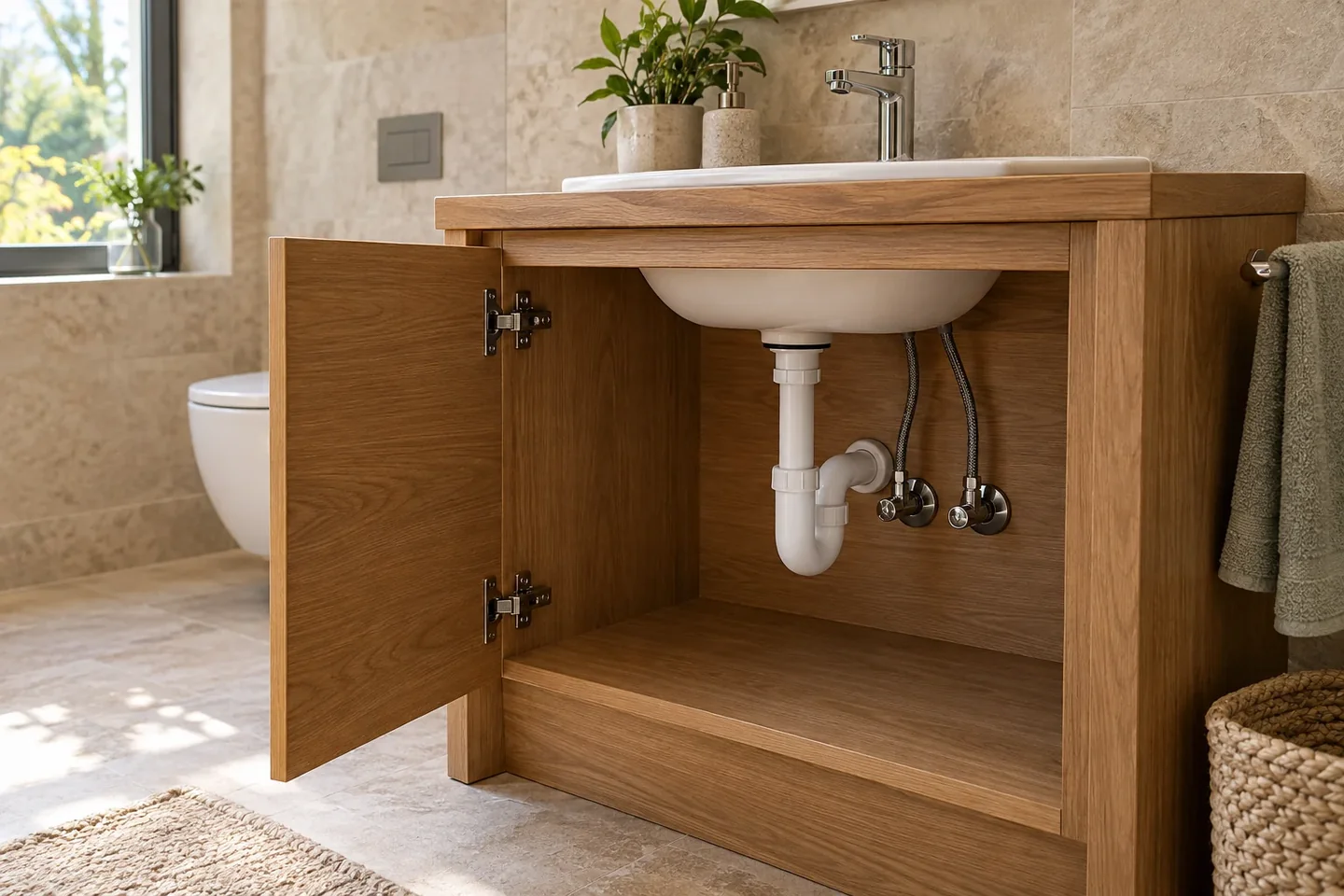 Imagen ilustrativa de una instalación de fontanería ordenada bajo un lavabo