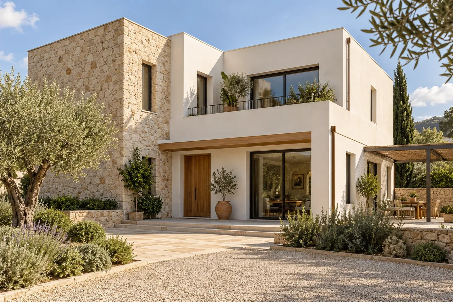 Imagen ilustrativa de una vivienda contemporánea de nueva construcción en piedra y blanco